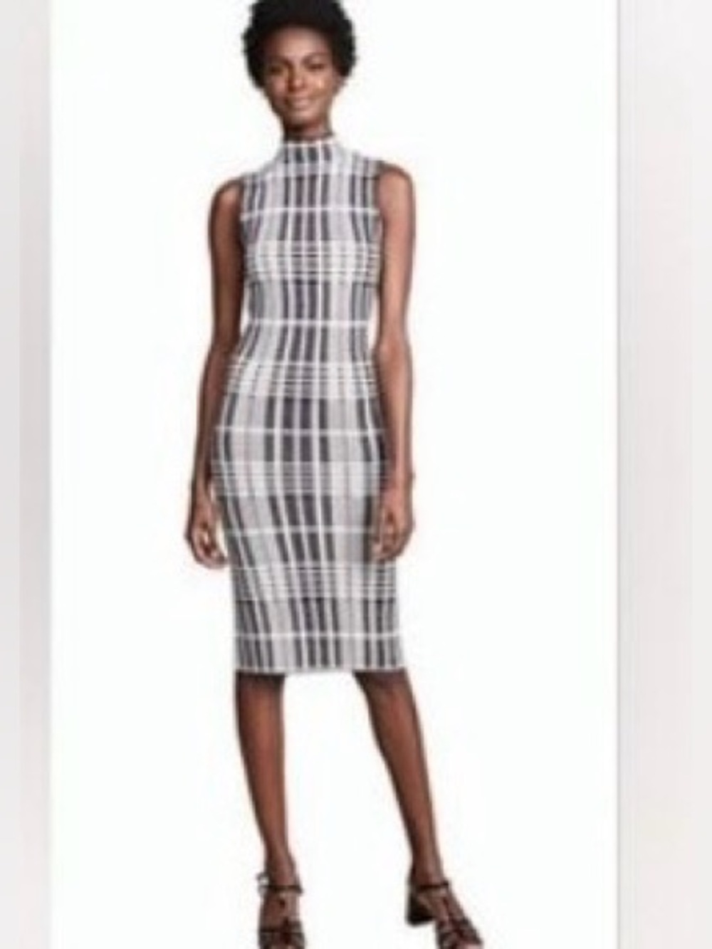 Alice + Olivia Mock Neck Plaid Sleeveless Wool Midi Dress Black Cream XS